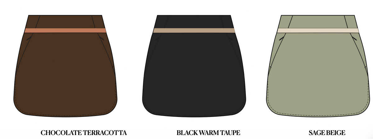 A color options diagram showing three bra and skirt combinations labeled OP1, OP2, and OP5, with color names Chocolate Terracotta, Black Warm Taupe, and Sage Beige below each set.